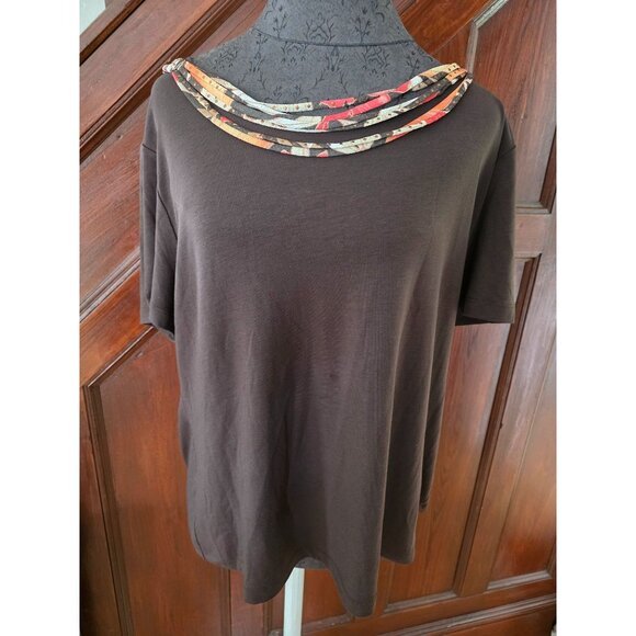 Alfred Dunner Womens Brown Short Sleeve Top Multi-Color Neckline Trim Size L - Picture 1 of 8